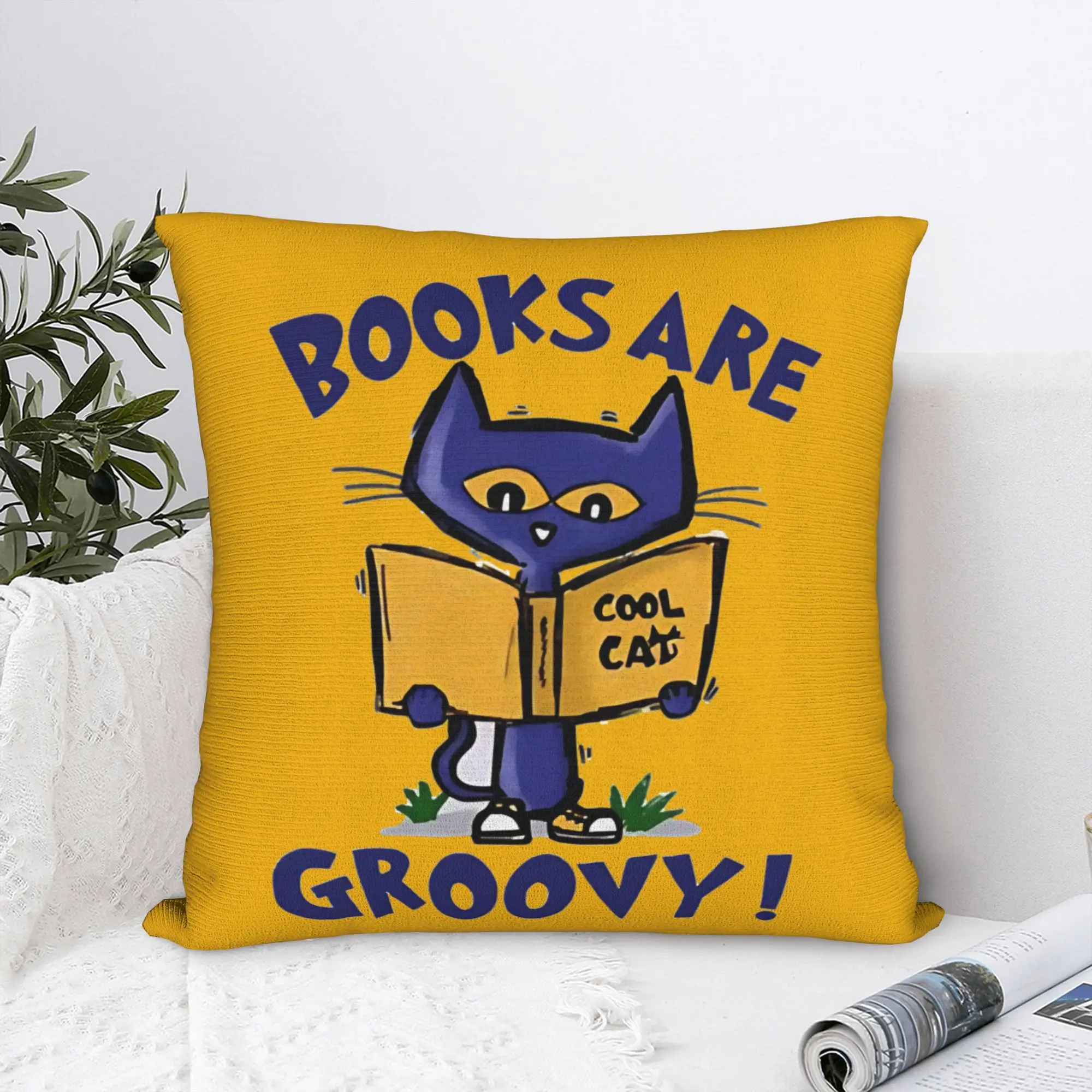 Petes the cat   Books Are Groovy  Square Pillow Cases Cute Kitten Cap  Cushion Covers Zippered Decorative Pillowcase for Seat