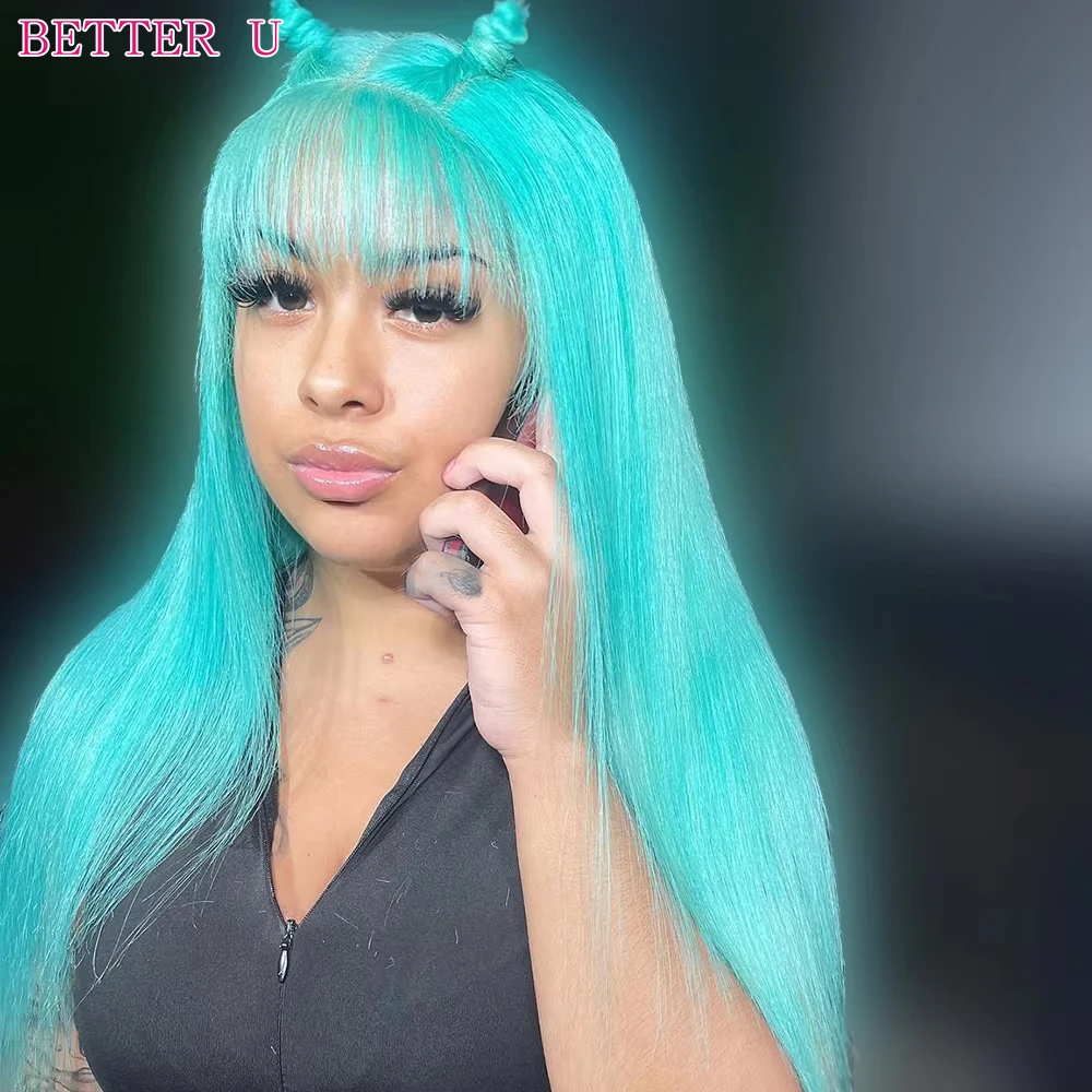 Human hair teal 13X6 lace front pre-stretched wig transparent lace front wig 13x4 high gloss straight human hair wig