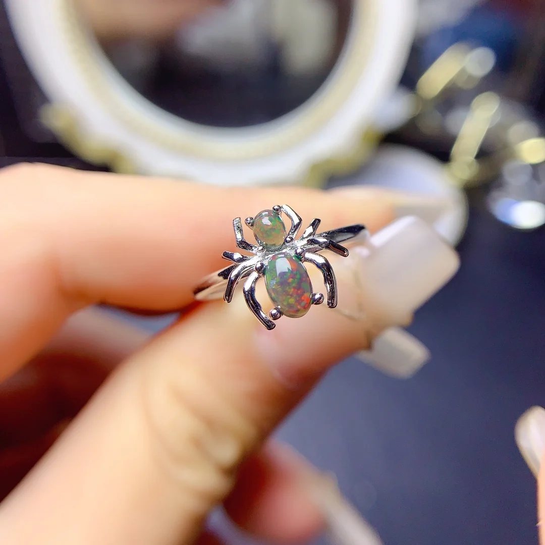 YULEM Spider Design Style Jewelry for Party Natural Opal Ring Solid 925 Silver Opal Women Jewelry