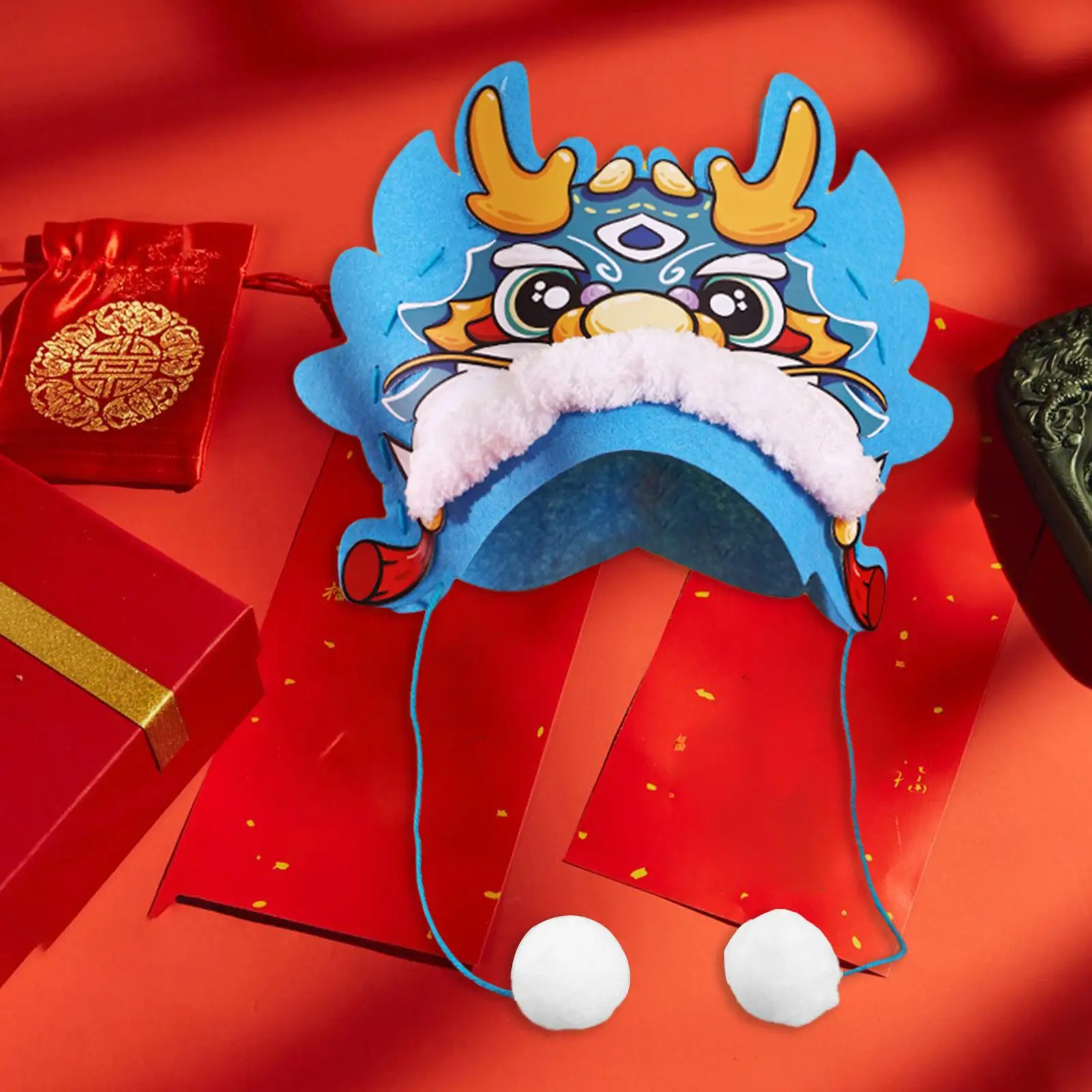 السنة الصينية الجديدة التنين قبعة DIY الحرفية زخرفة التنين قبعة لطيف الحيوان قبعة الأبعاد رأس التنين قبعة سنة التنين DIY قبعة