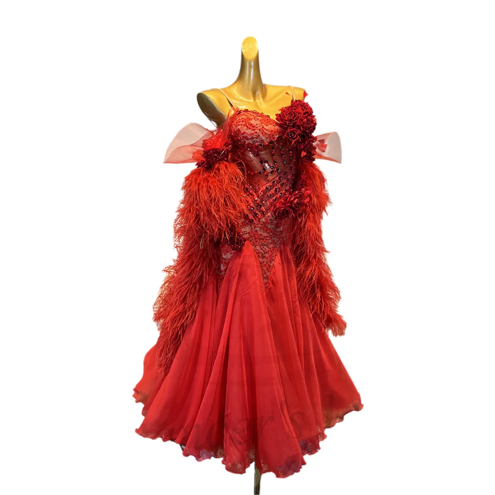 

Костюм для латиноамериканских танцев с камнями AB, женский, для взрослых и детей, высококачественный, на заказ, с красной розой, пышная юбка, платье для выступлений по самбе