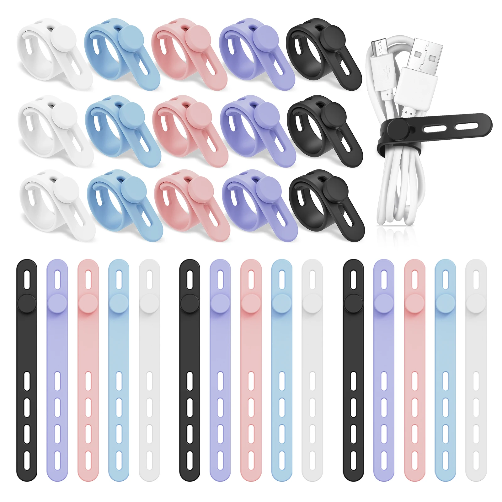 30Pcs Silicone Cable Ties Adjustable Cable Straps Black/Colorful Cord Organizer Reusable Cable Management Organizer Fastening