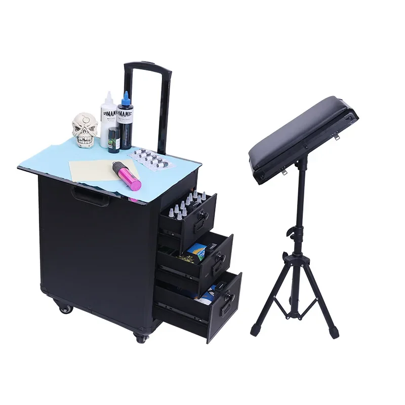 For High-Capacity Draw-Bar Box Dual Purpose Able Arm Bracket Portable Suitcase Tattoo Trolley Bag Artist Tools Storage