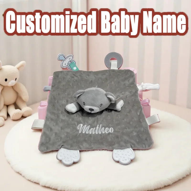 

Personalised Baby Security Blanket Comforter with Silicone Teether Custom with Name Baby Shower Gift