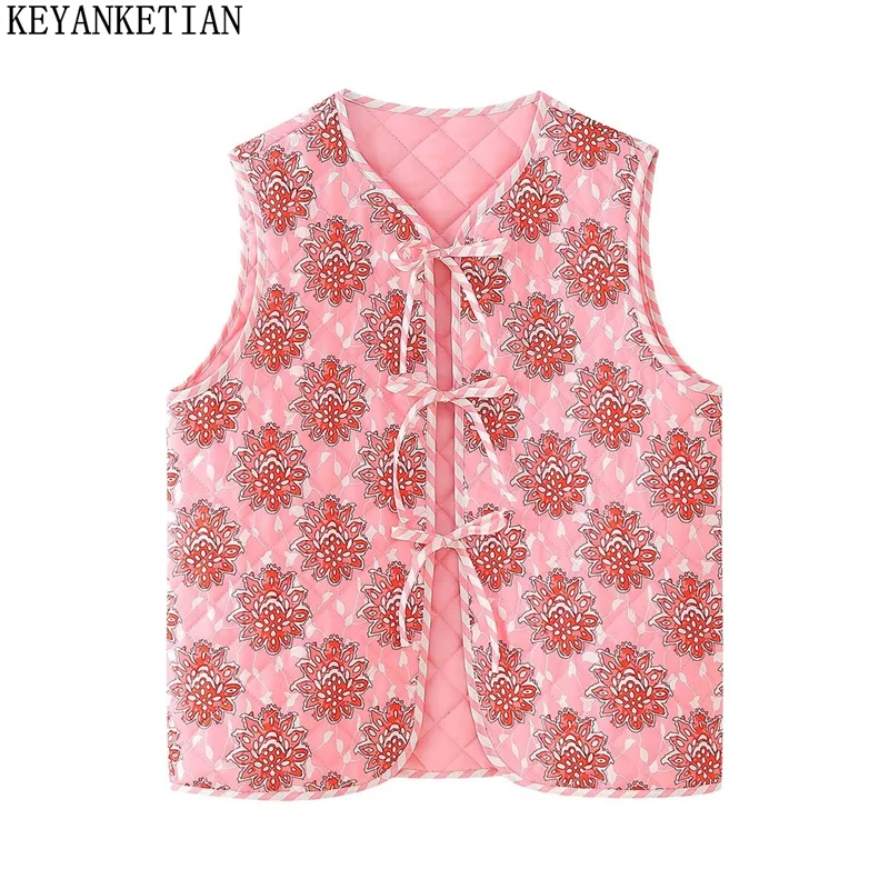 

KEYANKETIAN 2024 New Women's Totem Print Lace Up Sleeveless Quilted Jacket Waistcoat Autumn Ethnic style RetroThin Vest Coat Top