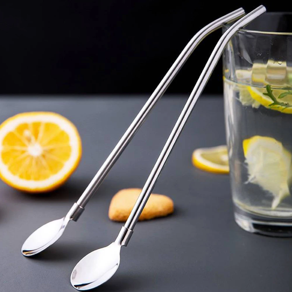 

6pcs Stainless Steel Straw Spoon Reusable Ergonomic Handle Mixing Kitchen Tool for Home Bar Restaurant
