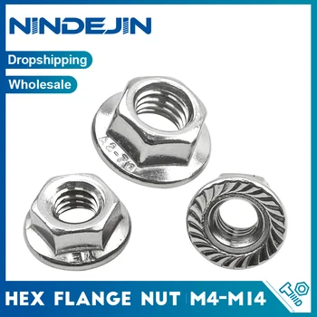 NINDEJIN 1-20pcs Hex หกเหลี่ยมหน้าแปลน NUT M4 M5 M6 M8 M10 M12 M14 316 สแตนเลสสตีล Serrated เมตริก HEX FLANGE LOCK NUTS DIN6923