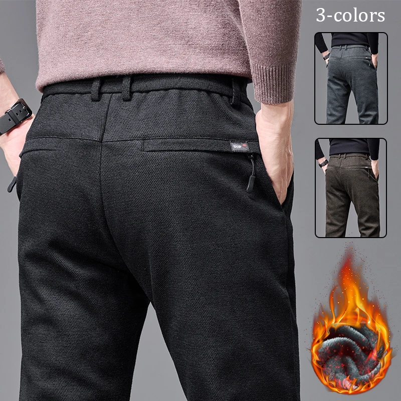 Men's Winter Fleece Elastic Casual Pants Thick Warm Soft Business Stretch Slim Trousers Streetwear Fashion Korean Brand Clothes