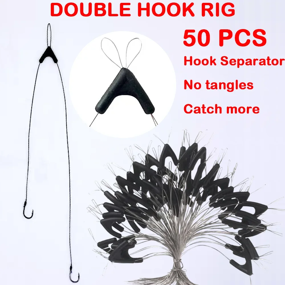 50Pcs Black Fishing Line Splitter Double Hooks Fishing Line Splitter Tools Anti Entanglement Sub Line Fishing Accessories