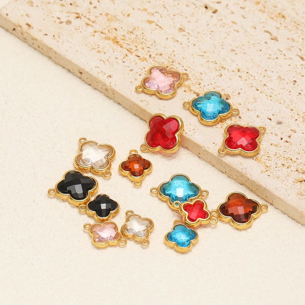 5 Stück Edelstahl-Anhänger mit vierblättrigem Kleeblatt, facettierte Glasanhänger, Verbinder für DIY-Schmuckherstellung, Armband- und Halskettenzubehör – Detail 1