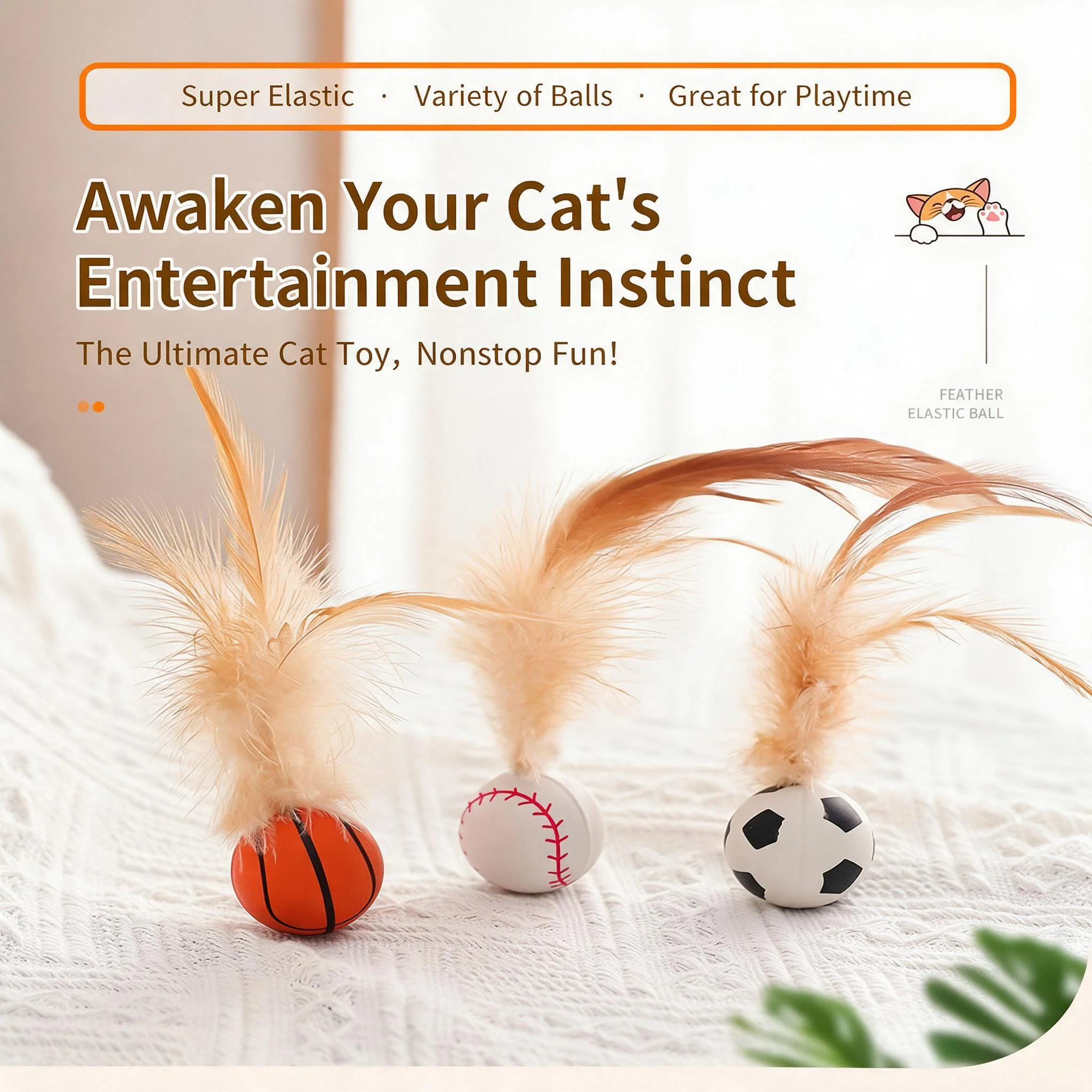 3pcs Elastic Badminton Shaped Cat Toy Bouncy Feather Ball Durable Bite Resistant Self Play Boredom Relief Stimulate Hunting Instinct Indoor Interactive Play For Kittens And Adult Cats Pet Entertainment Accessory