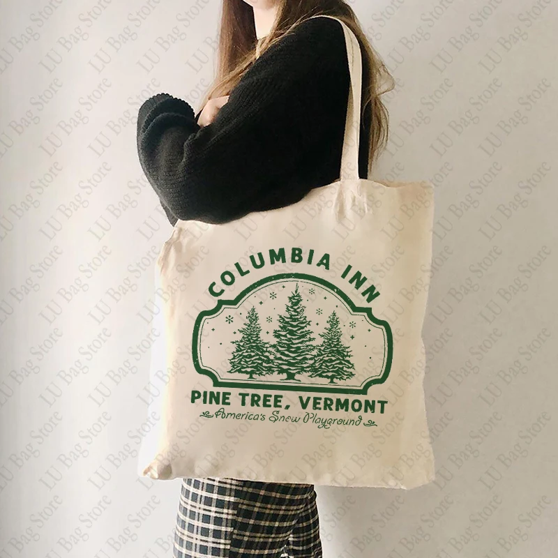 Columbia Inn Pattern Tote Bag Pine Tree Canvas Shopping Bags Vermont Women's Large Capacity Shoulder Bag for Travel Daily