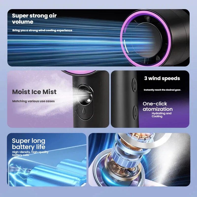 High-Speed Portable Handheld Misting Fan with USB Charging Air Conditioning Spray Function for Outdoor Use Rapid Cooling