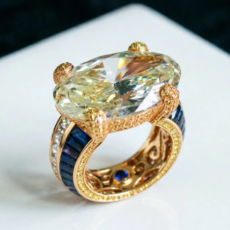 Wunderschöner, bezaubernder, funkelnder blau-champagnerfarbener synthetischer Zirkonia-Ring für Damen, elegant, luxuriös, für Bankette, Festivals und andere Anlässe.