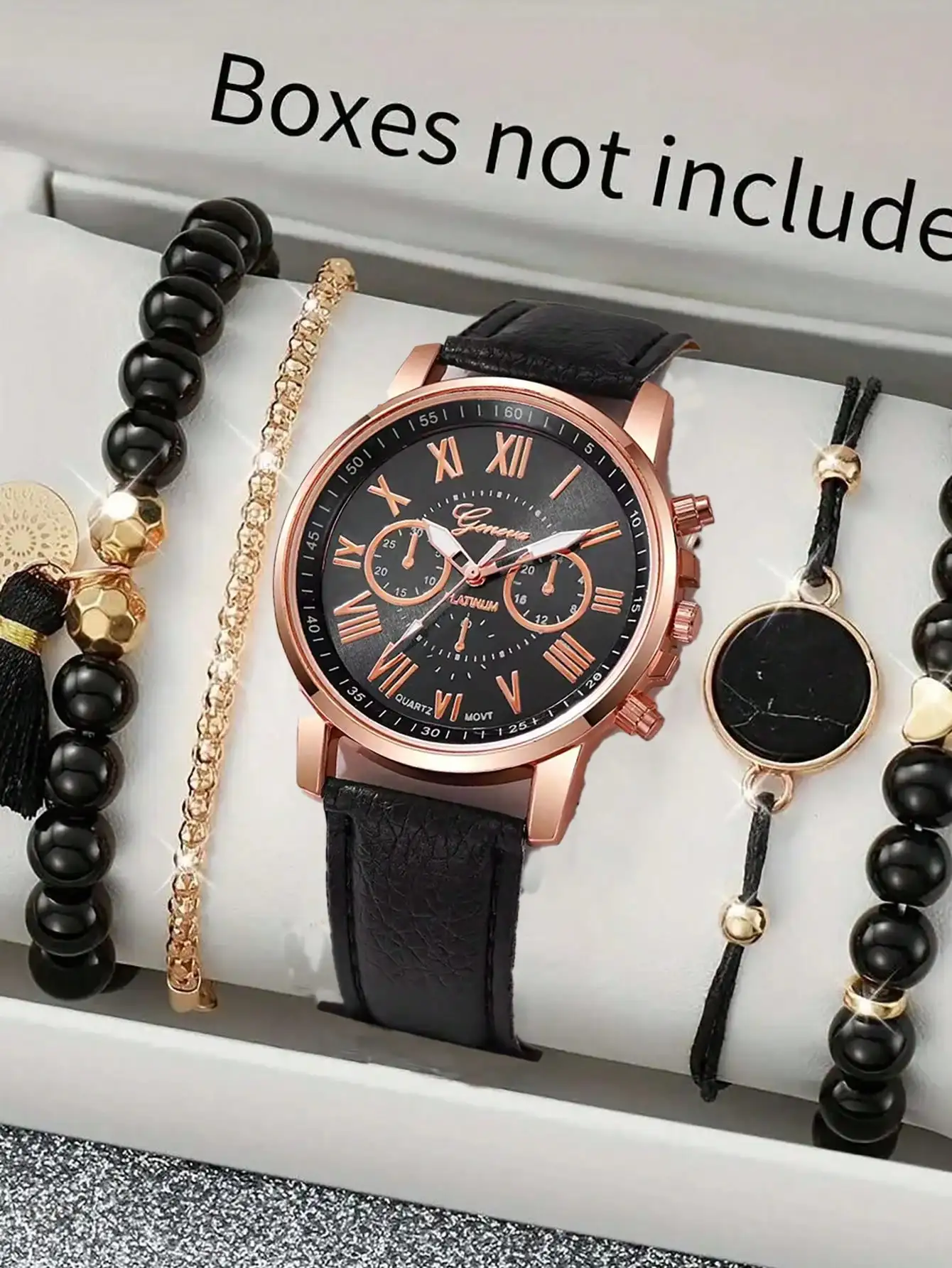 

5 шт./компл. женские часы модный кожаный ремешок со стразами кварцевые часы бусины браслеты набор (без коробки)