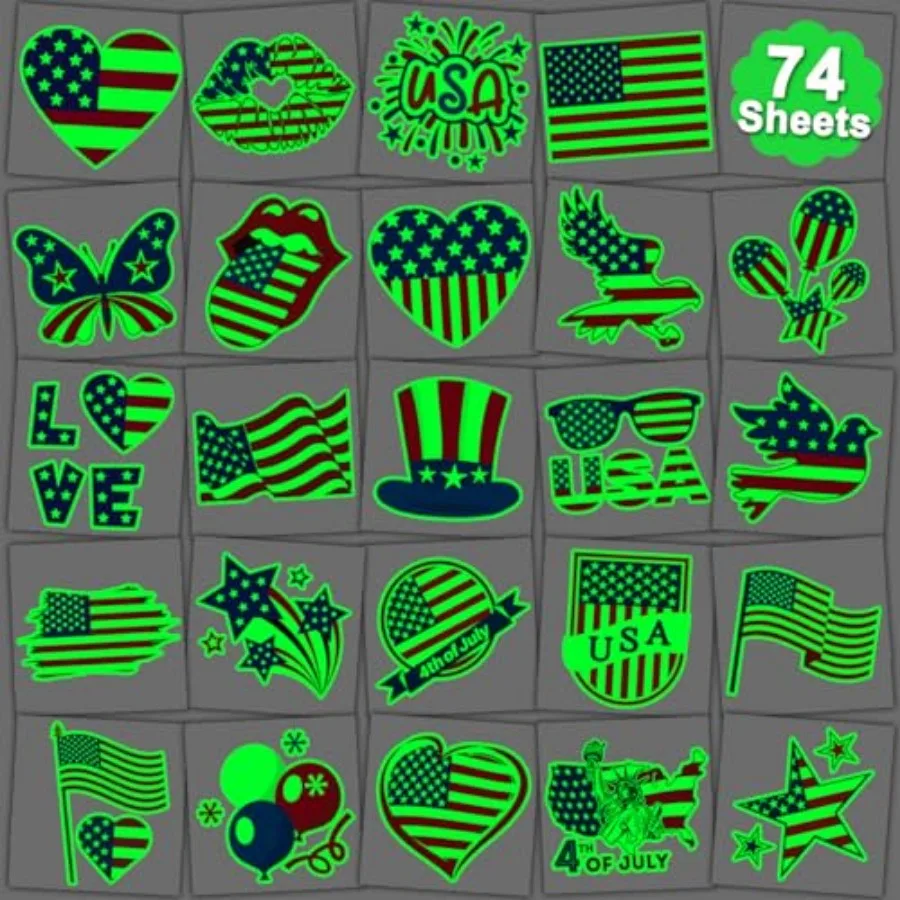

Glow in The Dark 4th of July Temporary Tattoos for - 74 Individually Sheets Luminous American Flag Tattoos for Boys Girls Fourt