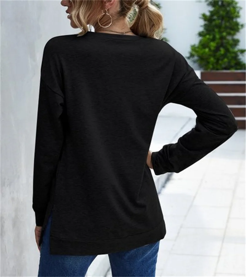 Spring solid color long sleeved round neck t-shirt shirt chest cross hem slit long-sleeved shirt