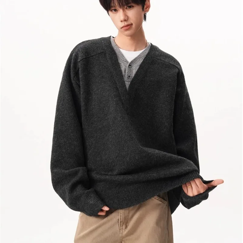 Fashion Trendy Retro Lazy Style Fake Two Piece V Neck Sweater Men New Pullover Loose Long Sleeve Knit Coat