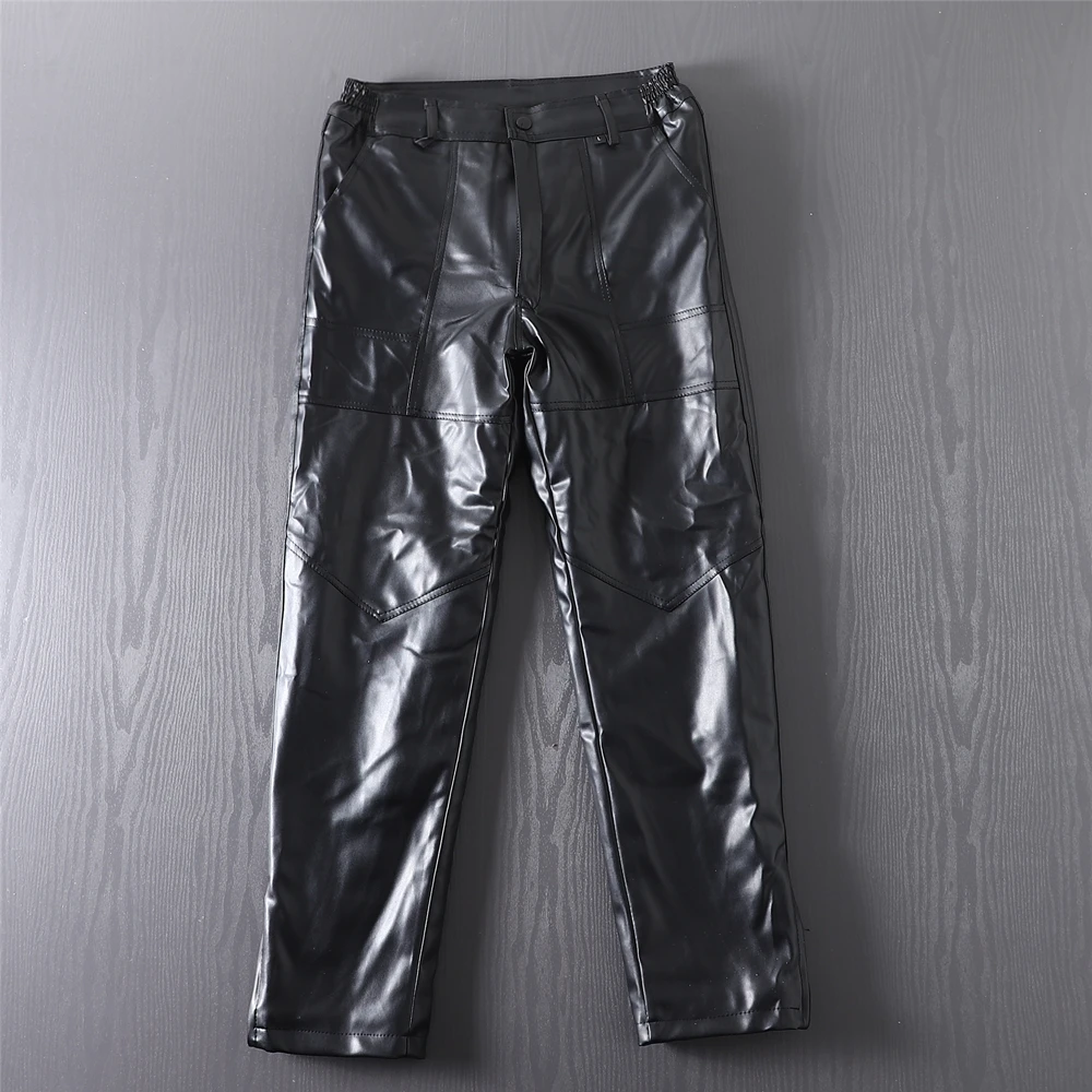 

Мужские брюки из искусственной кожи Thiened Fce с высокой талией, повседневные мотоциклетные брюки, ветрозащитные, водонепроницаемые, прямые брюки, осенние ...