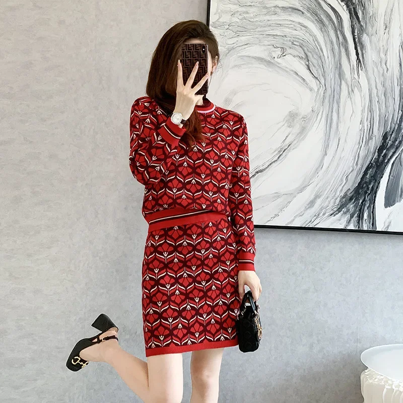 

Women Office Retro Knitted 2 Peice Set Ladies Slim Fit Woman Set #0945 Vintage Pullovers Sweater And Skirts Two Piece Skirt Set