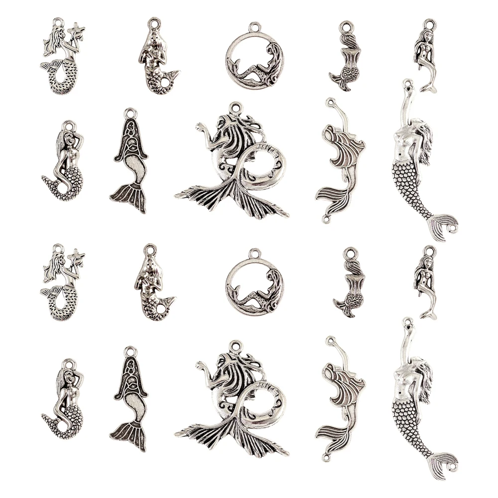 

100pcs Mixed Antique Silver Sea Life Charms Marine Sea Animal Charms Tibetan Mermaid Charms for Jewelry Making Crafts Bulk