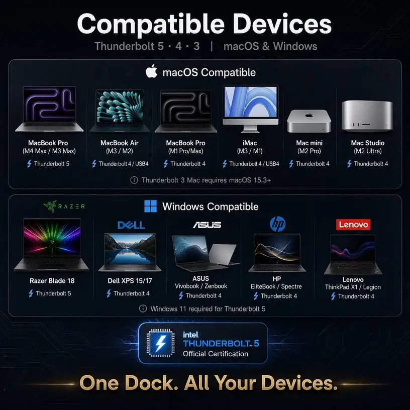 Thunderbolt 5 Docking Station 15in1 8K60Hz DP 80Gbps 140W PD USB3.2 10Gbps NVMe 8TB SSD 2.5G LAN Aluminum Alloy in Stock