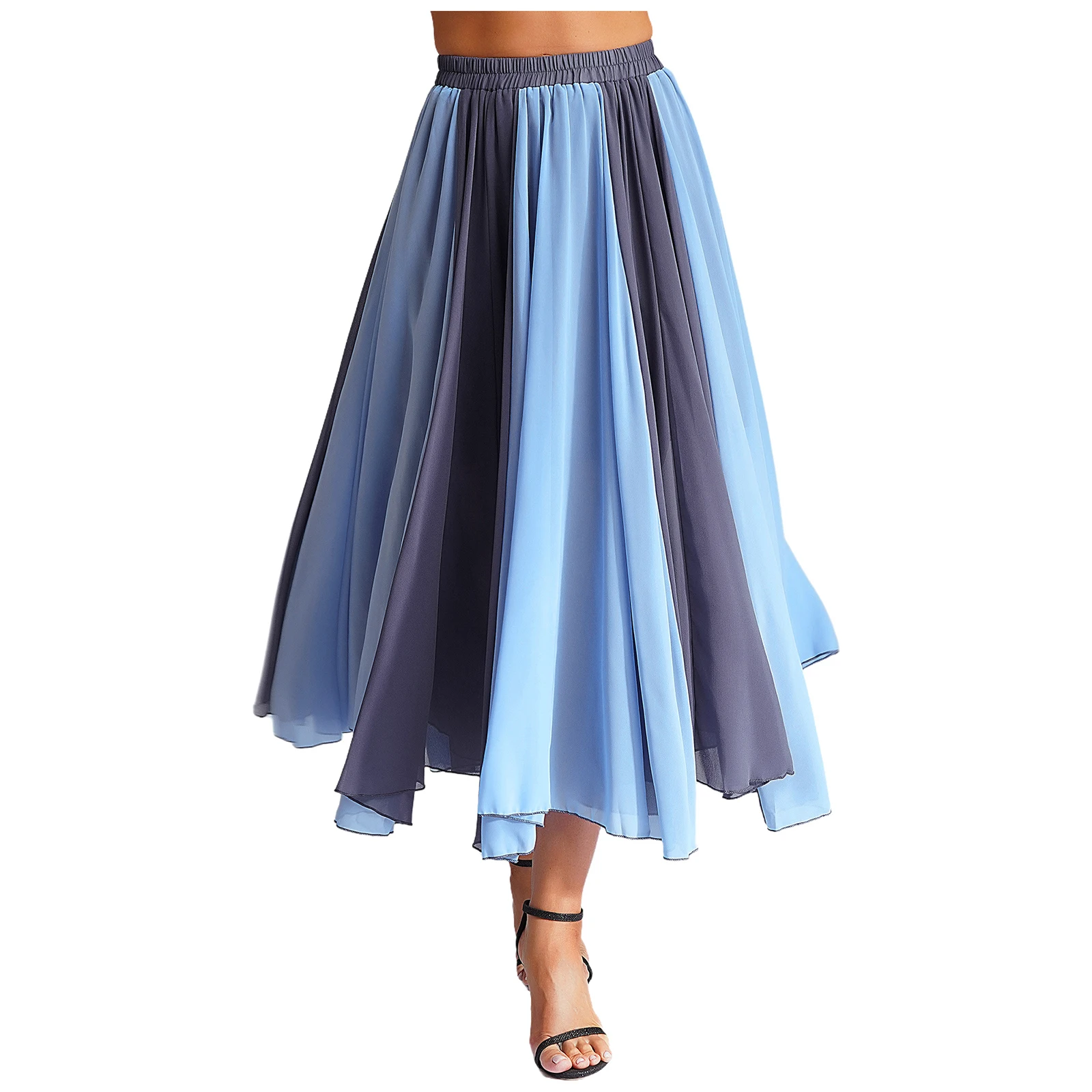 Women 720 Degrees Elastic Waistband Flowy Swing Pleated A-Line Long Maxi Skirt Classical Lyrical Dance Performance Costumes