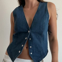 Combhasaki Women Y2K Vintage Denim Vest Corset Sleeveless Waistcoat V-Neck Tank Tops Button Down Irregular Hem Jean Slim Jackets