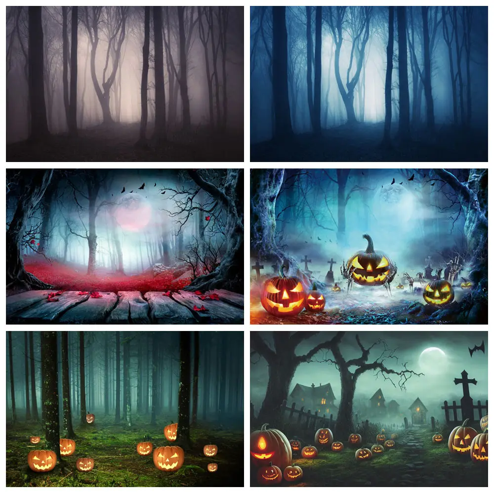 Misty Forest Halloween Backdrop for Photography Horror Moon Night Scary Tree Pumpkin All Saints'Day Party Photo Background Decor