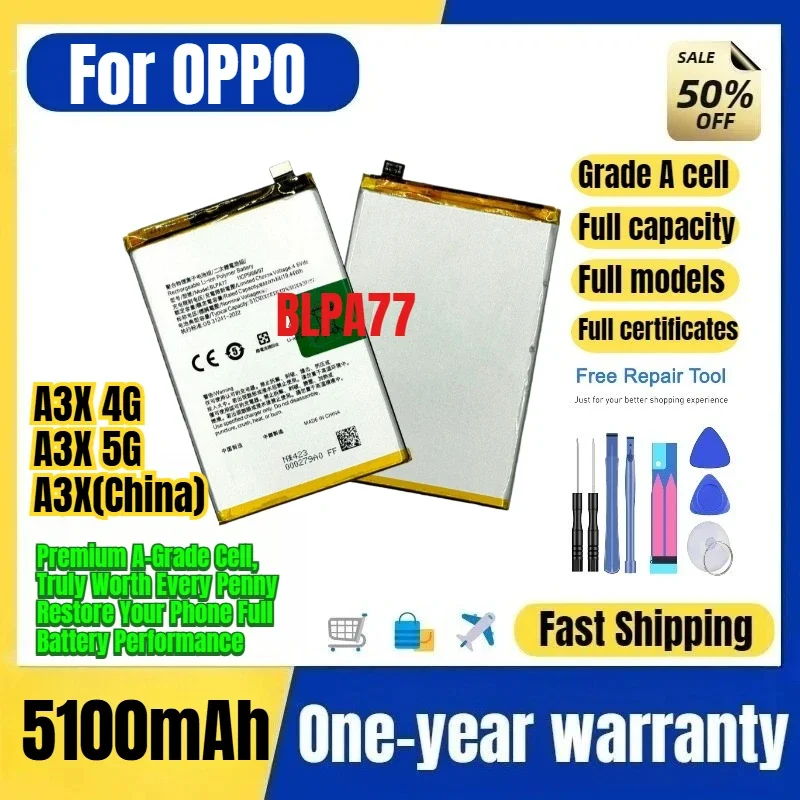BLPA77 for OPPO A3X 4G/A3X 5G/A3X(China) 0cycle Phone Battery  High Capacity Battery Replacement Bateria Grade A Cell with Tools