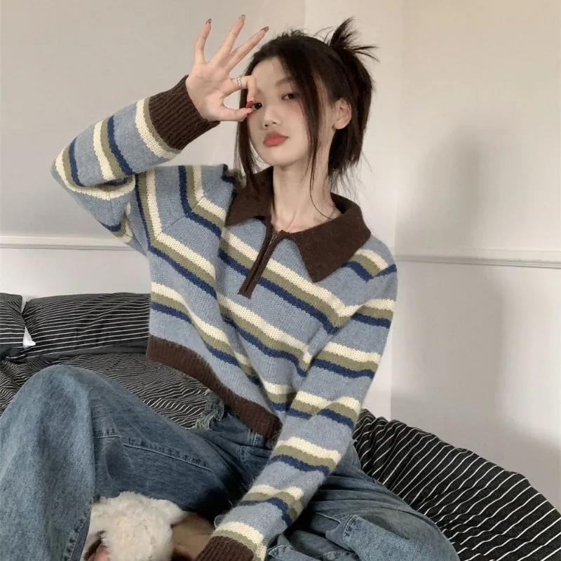 Ezgaga Striped Sweater Women Vintage Turn Down Collar Loose Zipper Knitted Crop Tops Female Pullover Casual Jumper Chic