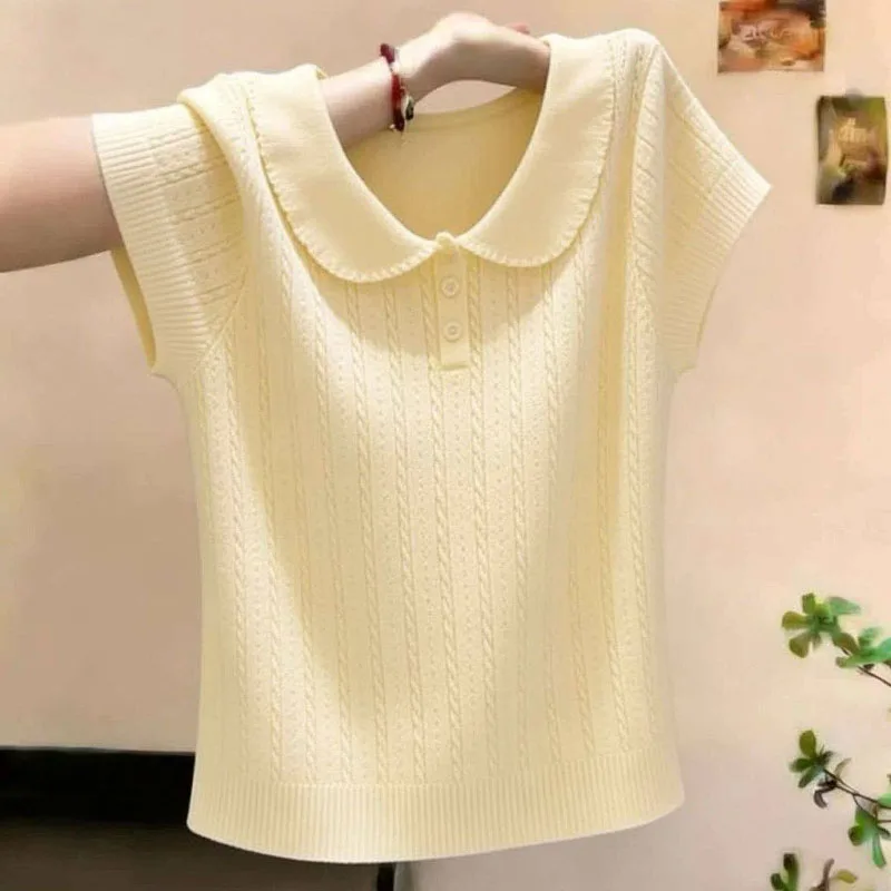 

2026 Knitted Sweater Women Pullovers New Summer Short Sleeve Doll Collar Knit Sweater Pullover Women Tops Sueter Feminino Q5192