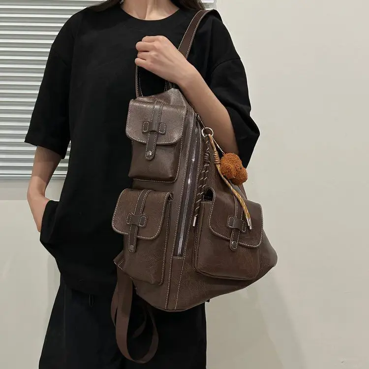 Multifunction Vintage PU Leather Backpack with Cartoon Charm Men Women Large Capacity Outdoor Motorcycle Sport Travel Bag