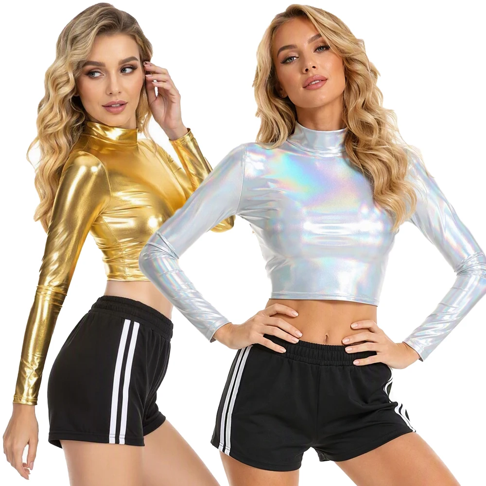 body-feminino-metalico-brilhante-com-efeito-molhado-top-cropped-de-manga-longa-com-gola-alta-sexy-para-festival-festa-balada-e-danca