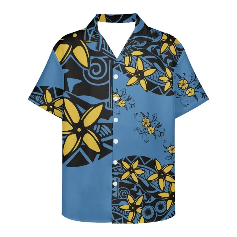 Men\'s Tribal Polynesian Beach Shirts 3D Printed Short Sleeve Button Down Casual Hawaiian T-Shirt Mens Oversized Tee Tops Clothes