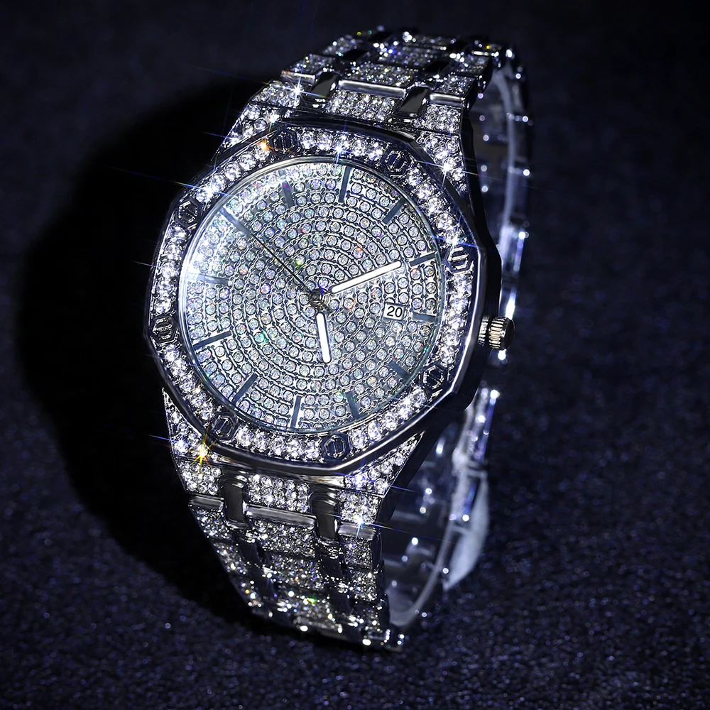 

HipHop Iced Out Men Women Watch Luxury Date Quartz Bling Full Rhinestones Watches Cuban Hand Chain Fashion Jewelry 2022