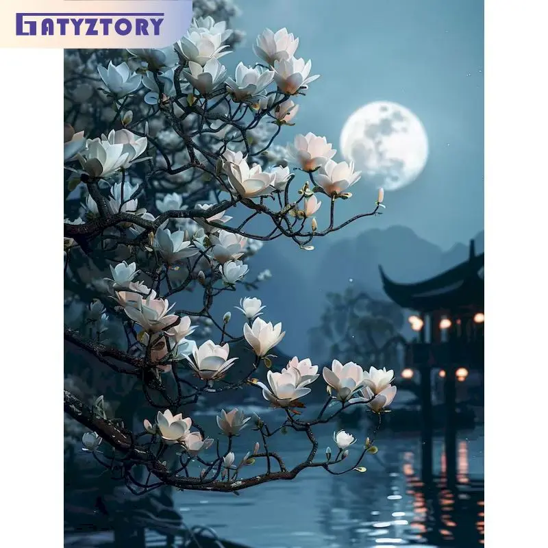 

GATYZTORY Oil Painting By Number Moonlight Landscape On Canvas HandPainted Art Gift DIY Coloring By Number Kits Home Decoration