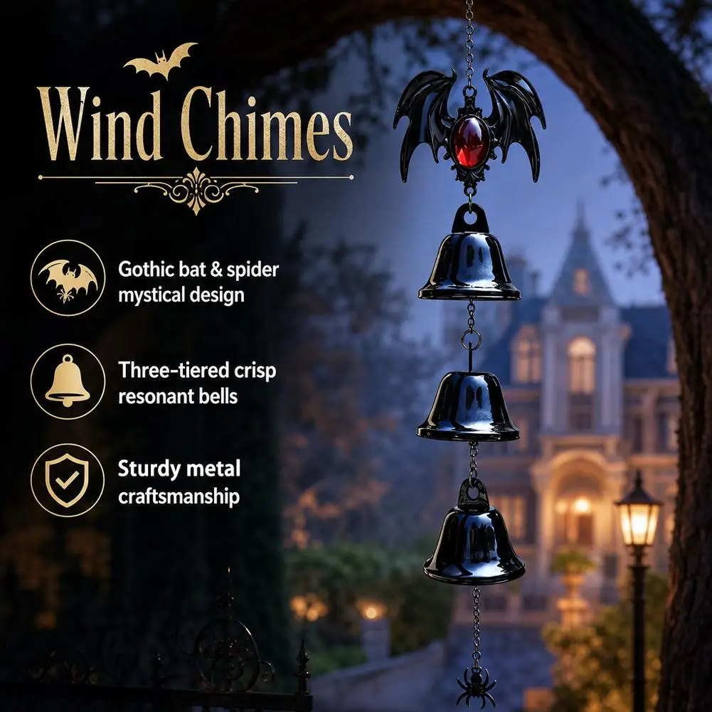 Gothic Halloween Wind Chimes Metal Spider Bat Bell Retro Iron Hanging Ornament for Home Yard Decor