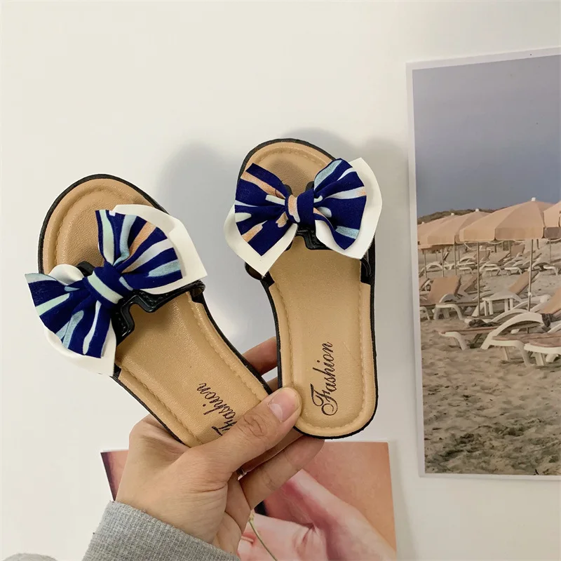 Girls Slippers Striped Bow Children Sandals Fashion Wild Princess Non-slip Soft Kids Flats Beach Sheos Baby Child Sandal Slides