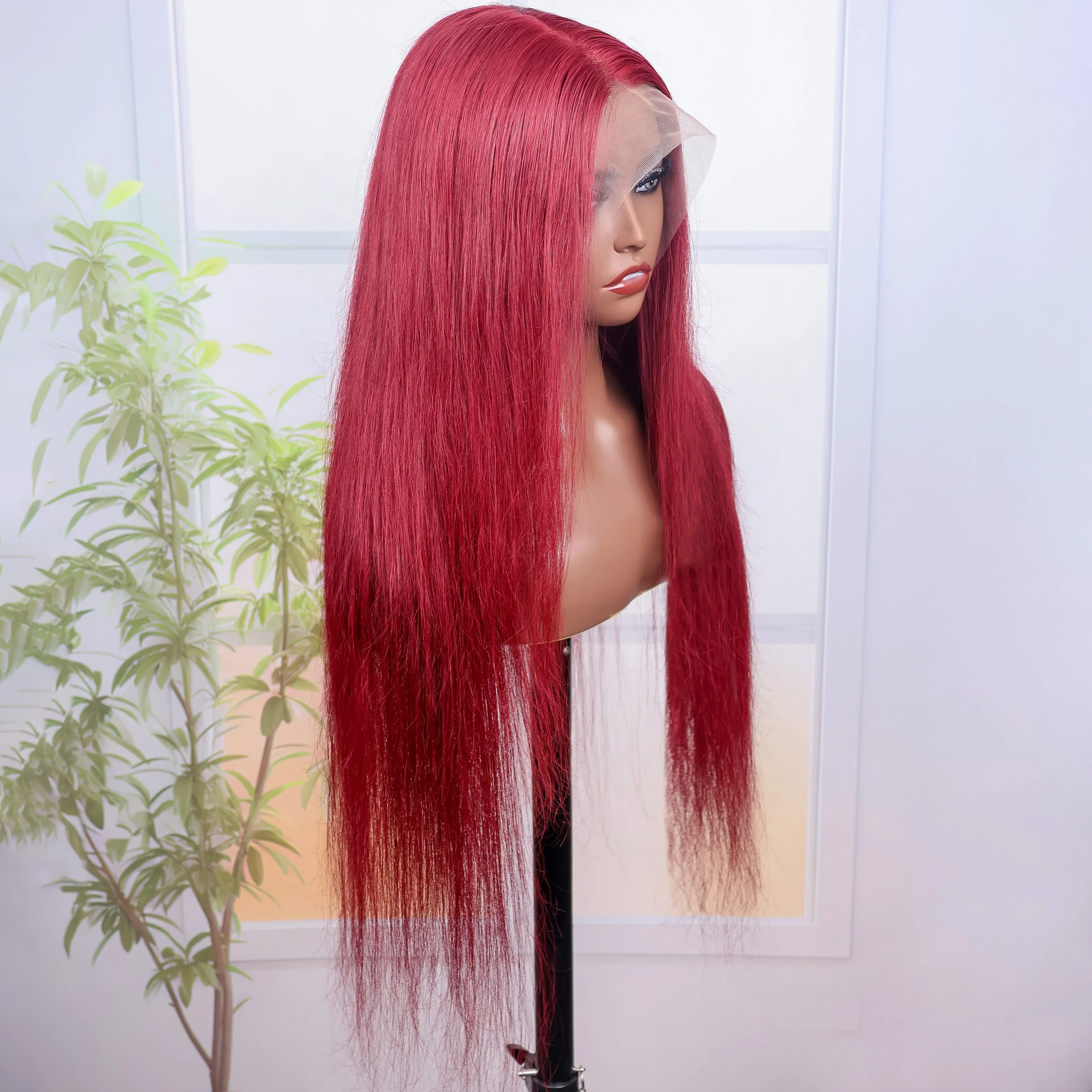 بورجوندي مستقيم الشعر الطويل 13x6 Hd الدانتيل الشفاف أمامي خصلات الشعر المستعار الإنسان 200 الكثافة 99J العظام الحمراء مستقيم الدانتيل شعر مستعار أمامي