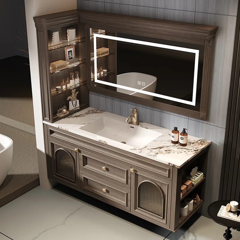 ML  Vintage Bathroom Cabinet Toilet Slate Seamless Integrated Basin Wash Table Oak Washbasin