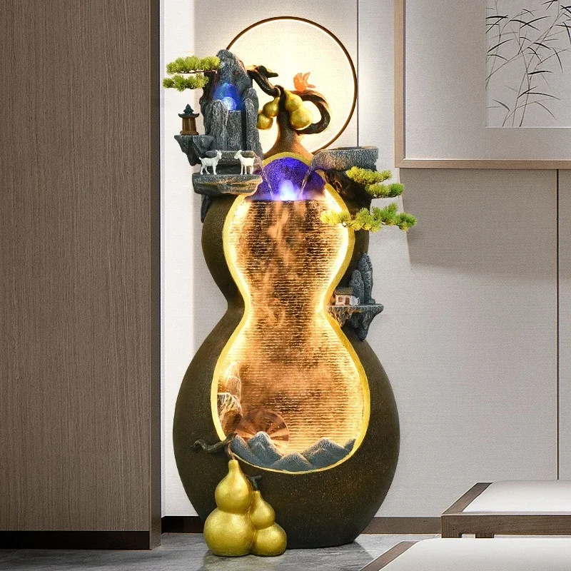 Chinese-style gourd Zen rockery, flowing water to attract wealth, fountain ornament, floor-to-ceiling living room feng shui