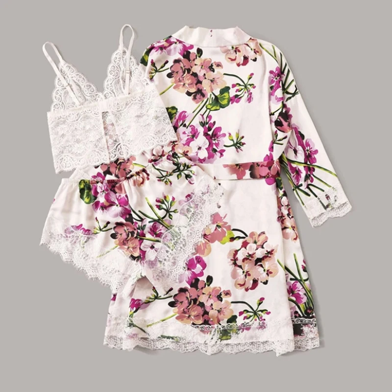 Pajamas Set Women Sexy Silk-like Lace Patchwork Sleepwear Three-piece Nightgown Home Nightwear Spring Summer Nightdress