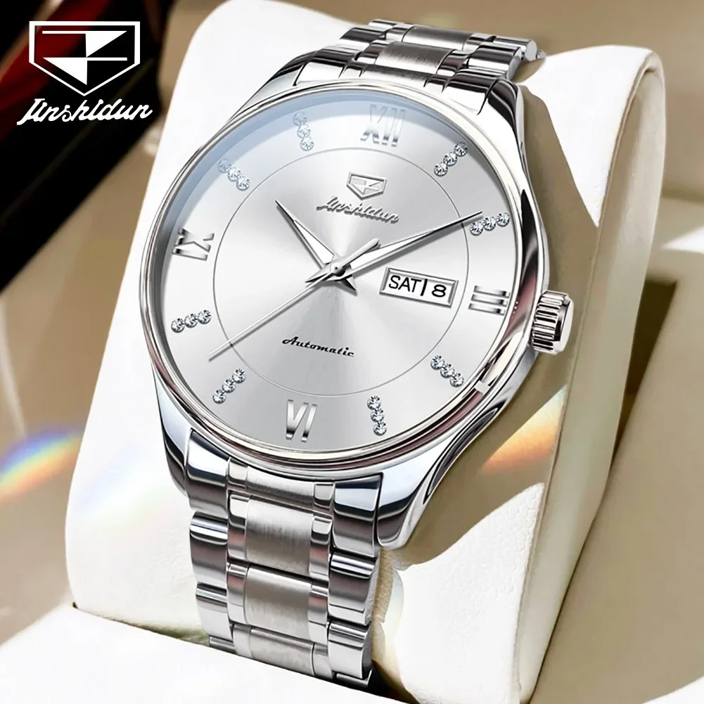 JSDUN 8933 Stainless Steel Strap Waterproof Men Wristwatches Fashion Automatic Mechanical Watch For Men Calendar Week Display