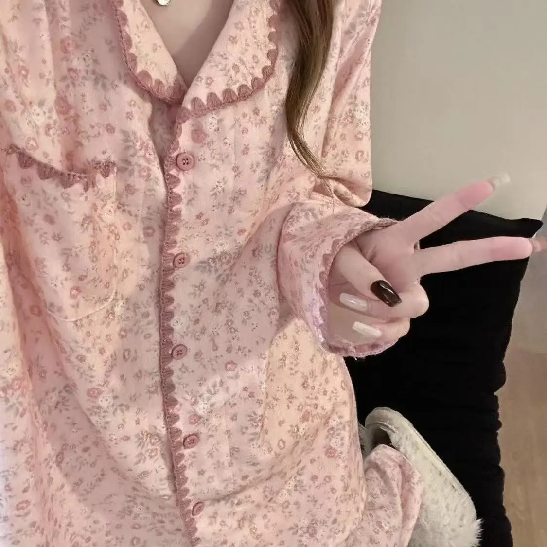 Women Pajamas Set Flower Print Lace Trim Lapel Loungewear Home Wear Button Design Long Sleeve Soft Warm Sleepwear Autumn New