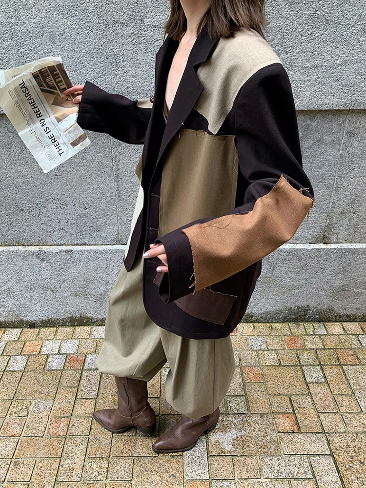 FANAN スプライシングコントラストカラーブレザー女性のためのシングルブレストファッションストリートジャケット女性コート 2025 秋の新潮