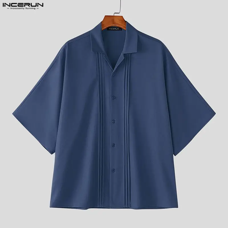 INCERUN Men's Shirt Solid Color Lapel 3/4 Sleeve Button Pleated Men Clothes Streetwear Loose 2026 Fashion Casual Tops For Man
