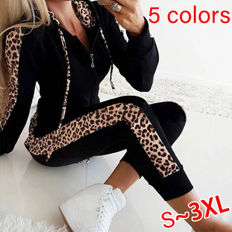 2024 women's leopard print sports zippered hoodie sports pants sportswear two-piece outdoor long sleeved sportswear