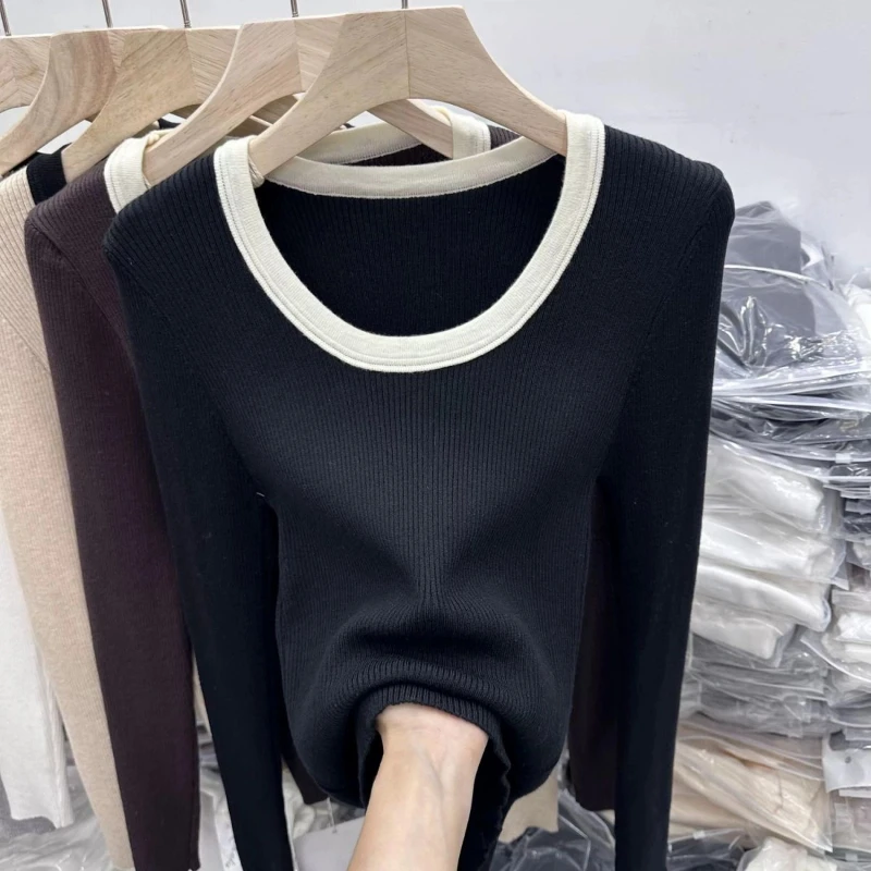 

Контрастные лоскутные простые повседневные топы, женская одежда, новые весенне-осенние свободные винтажные футболки с длинными рукавами, модные Harajuku