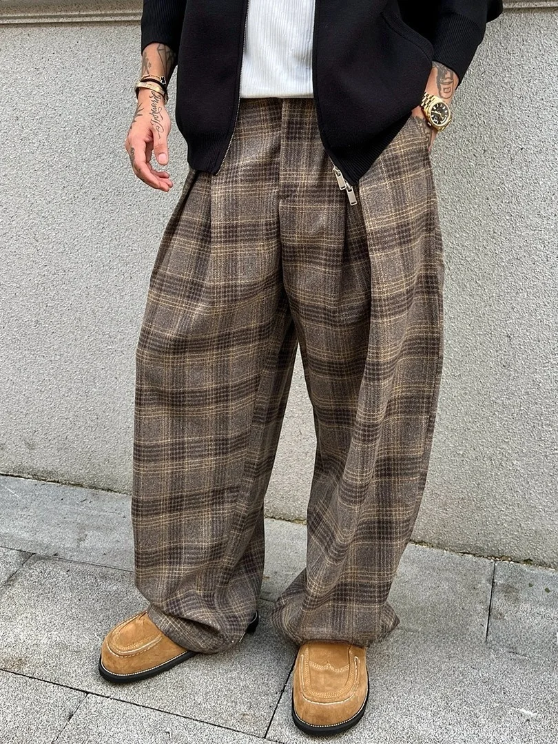 

Men's Plaid Woolen Thiened Loose Straight Leg Casual Pants Autumn Winter Warm Faion Urban Sle Trousers Trendy Long Pants